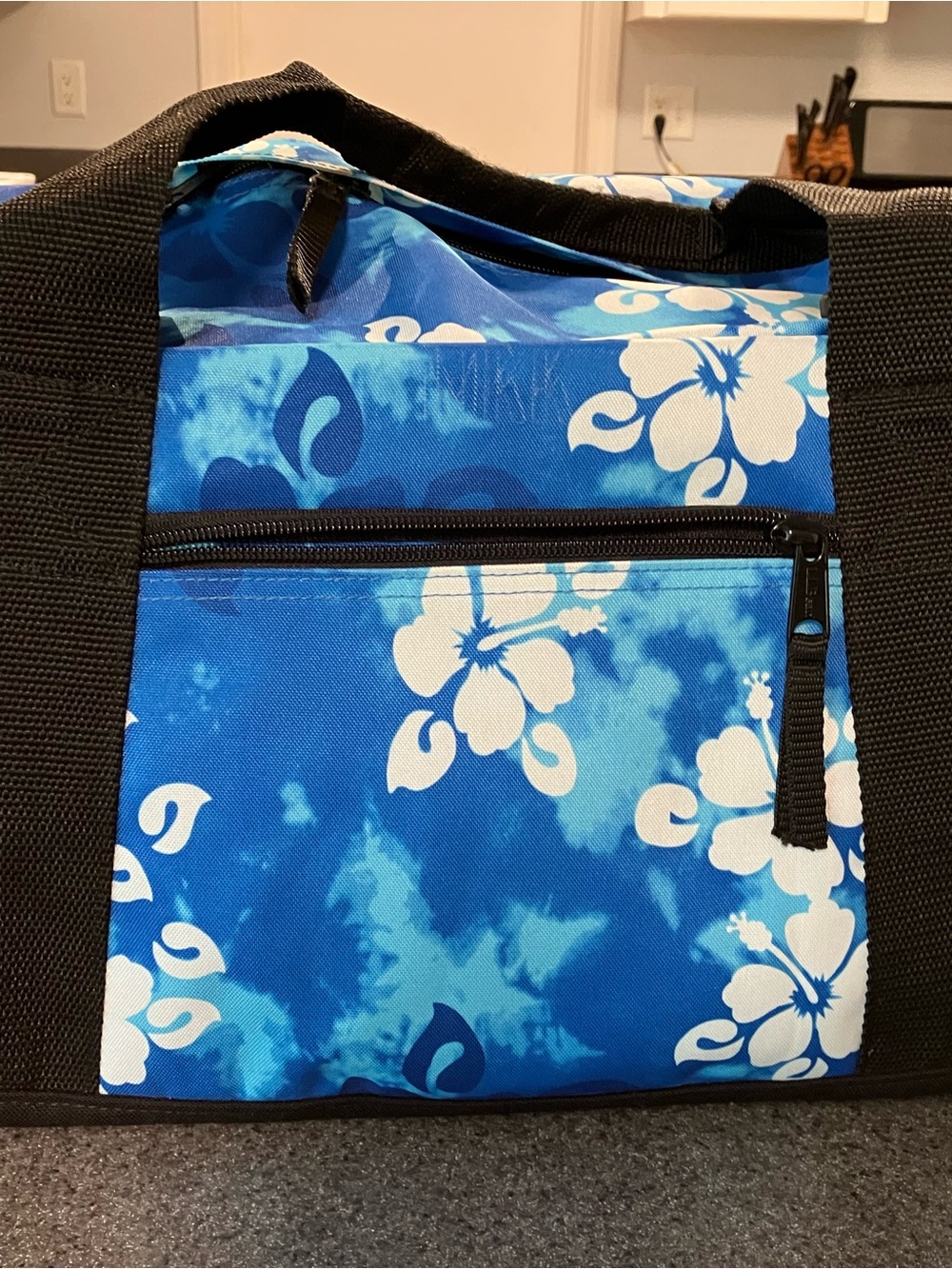 L.L. Bean Blue and White Floral Canvas Tote with Front Zip Pocket
